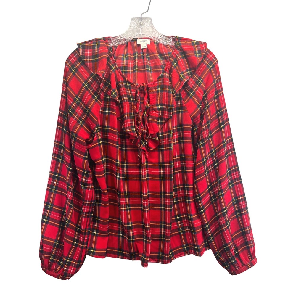 J.Crew Red Stewart Tartan Plaid Ruffle Tie Neck Blouse Size L Long Sleeve Top